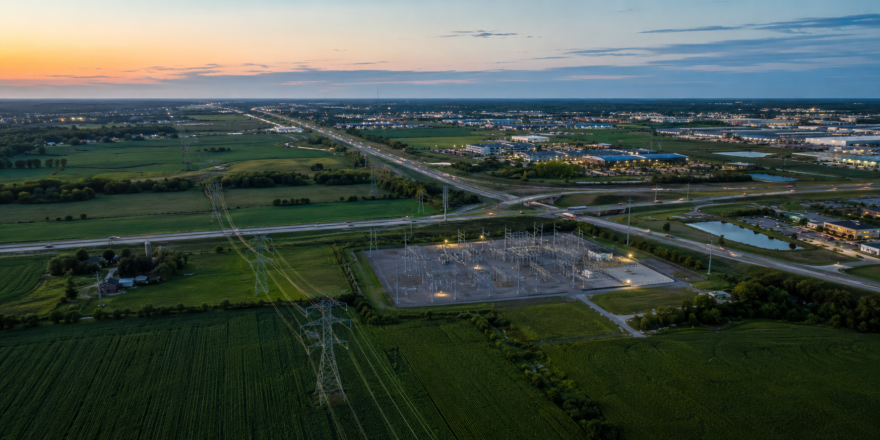 Aerial view of farmland, electrical transmission, roadways, and modern commercial development