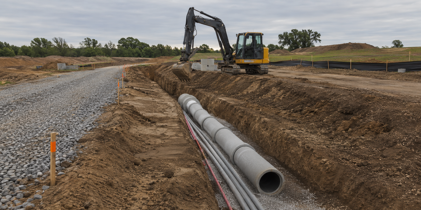 Utility installation and rough grading at a land development site